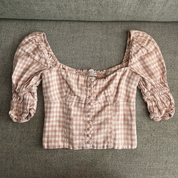 Checkered Pink Linen Reformation Top - Picture 1 of 3